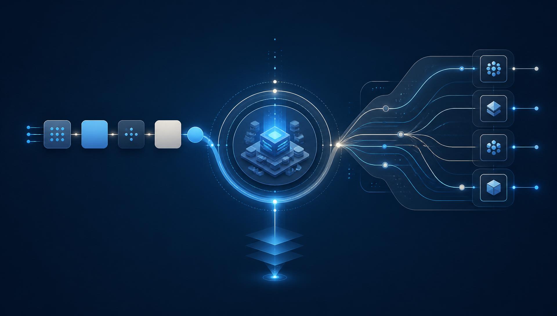 Representación conceptual de una empresa valorando automatización no-code y desarrollo a medida.